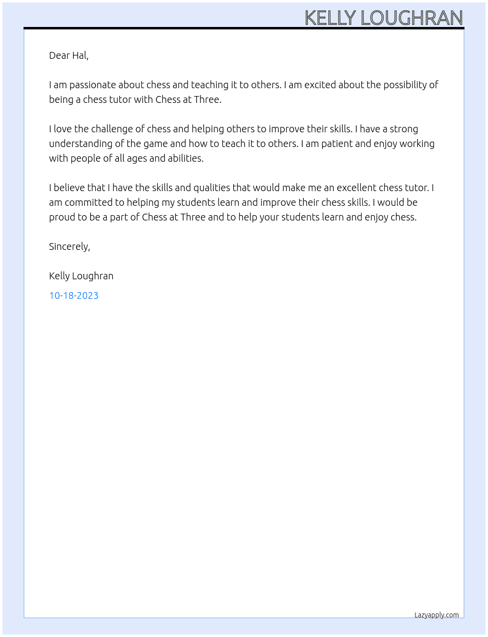chess tutor At chess at three Cover Letter