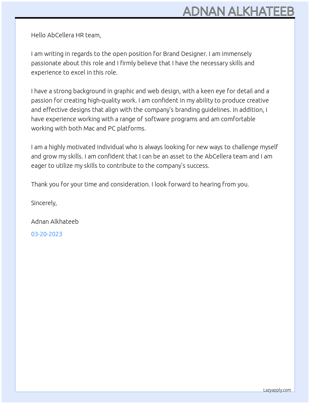 Brand Designer At AbCellera Cover Letter