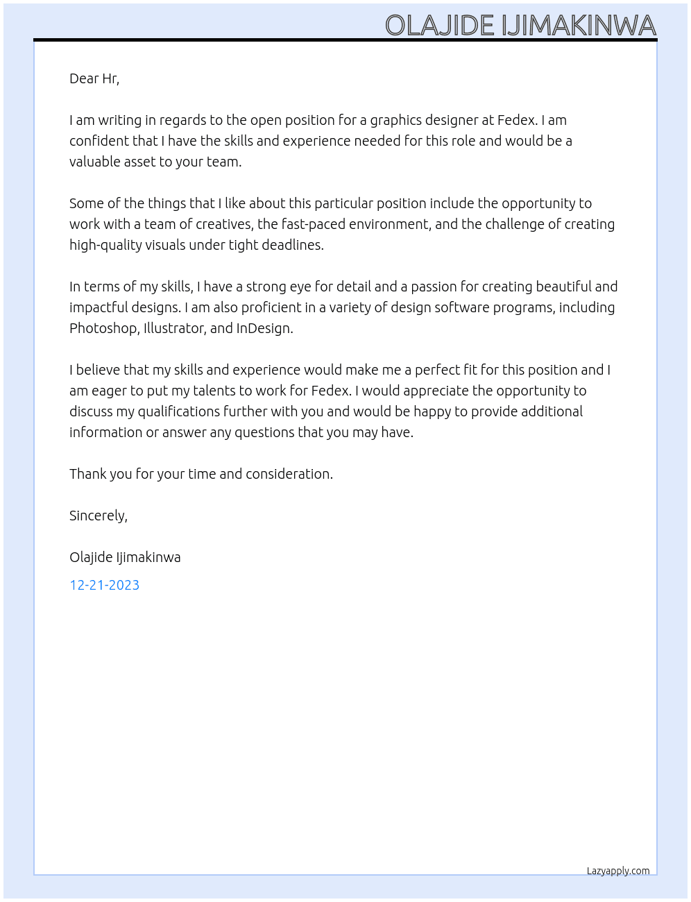 Graphics designer At Fedex Cover Letter