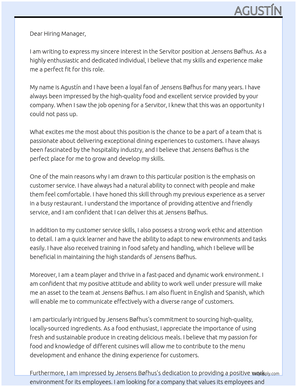Servitor At Jensens Bøfhus Cover Letter