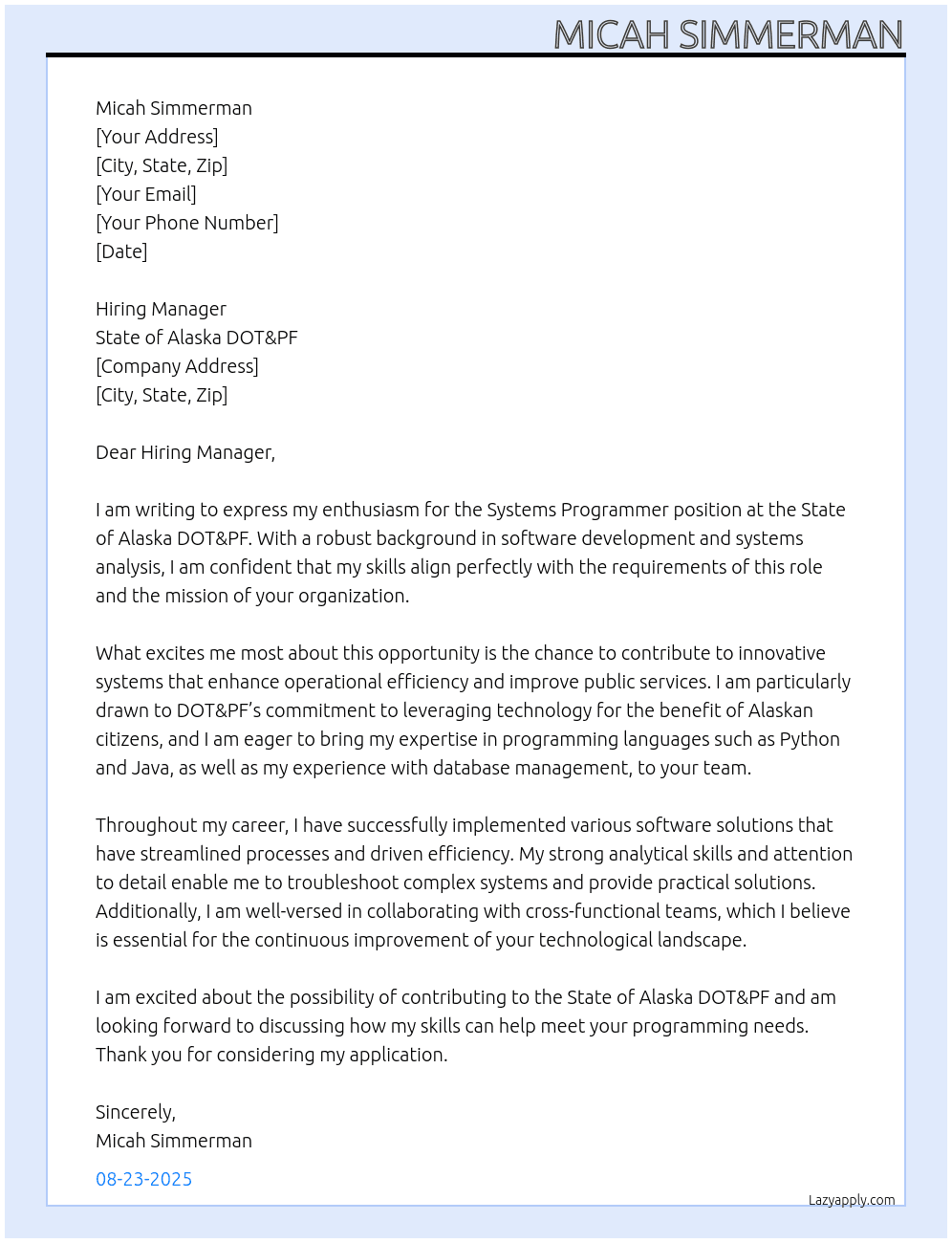 Systems Programmer At State of Alaska DOT&PF Cover Letter