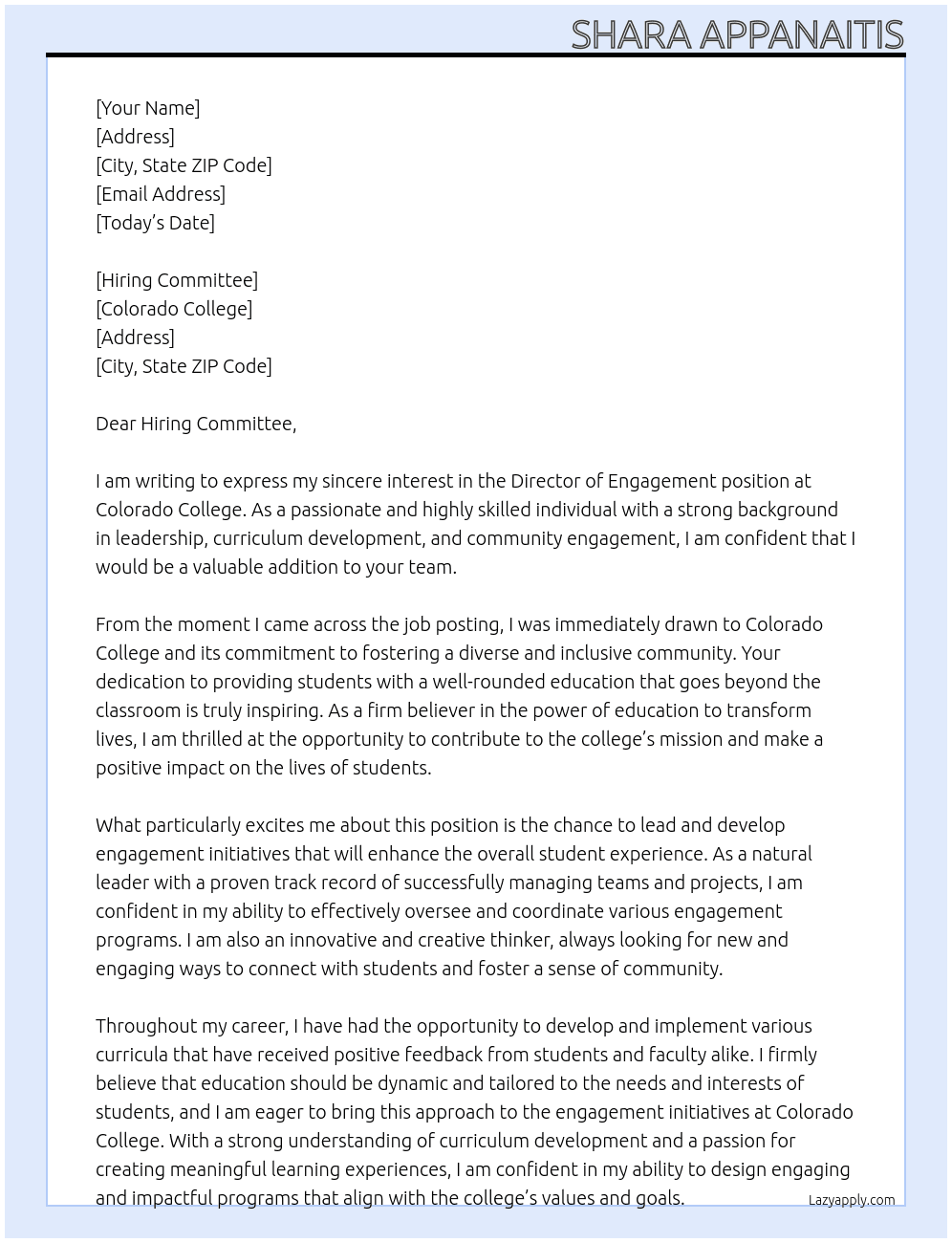 Director of Engagement At Colorado College Cover Letter
