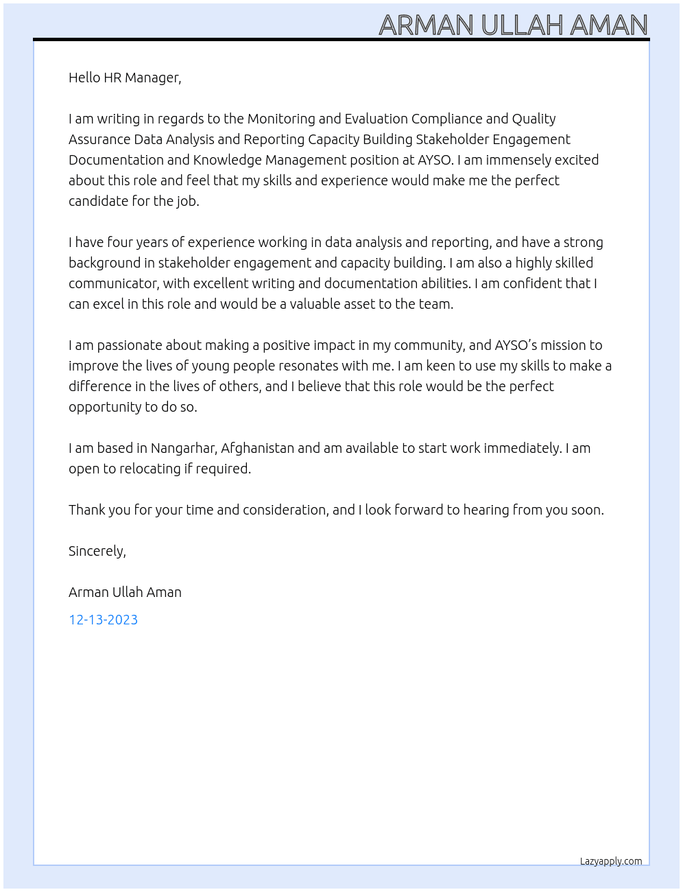 Monitoring and Evaluation Compliance and Quality Assurance Data Analysis and Reporting Capacity Building Stakeholder Engagement Documentation and Knowledge Management At AYSO Cover Letter