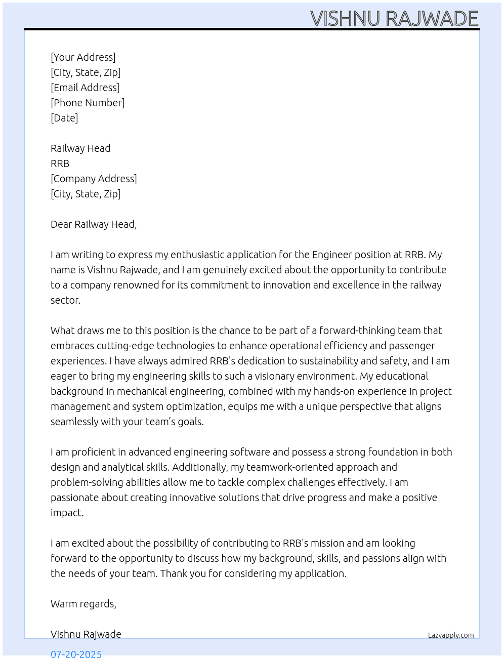 Engineer At RRB Cover Letter
