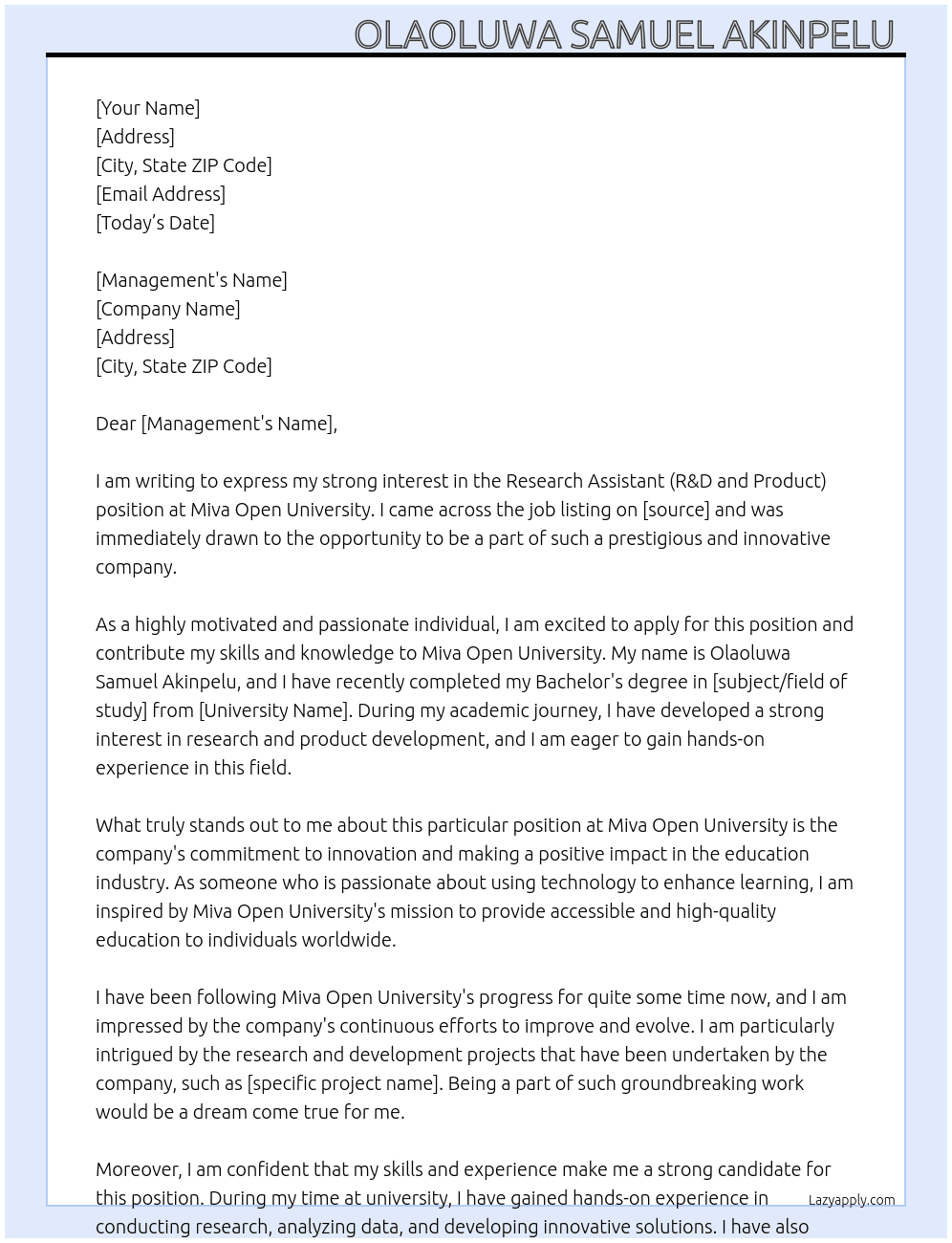 Research Assistant (R&D and Product) At Miva Open University  Cover Letter