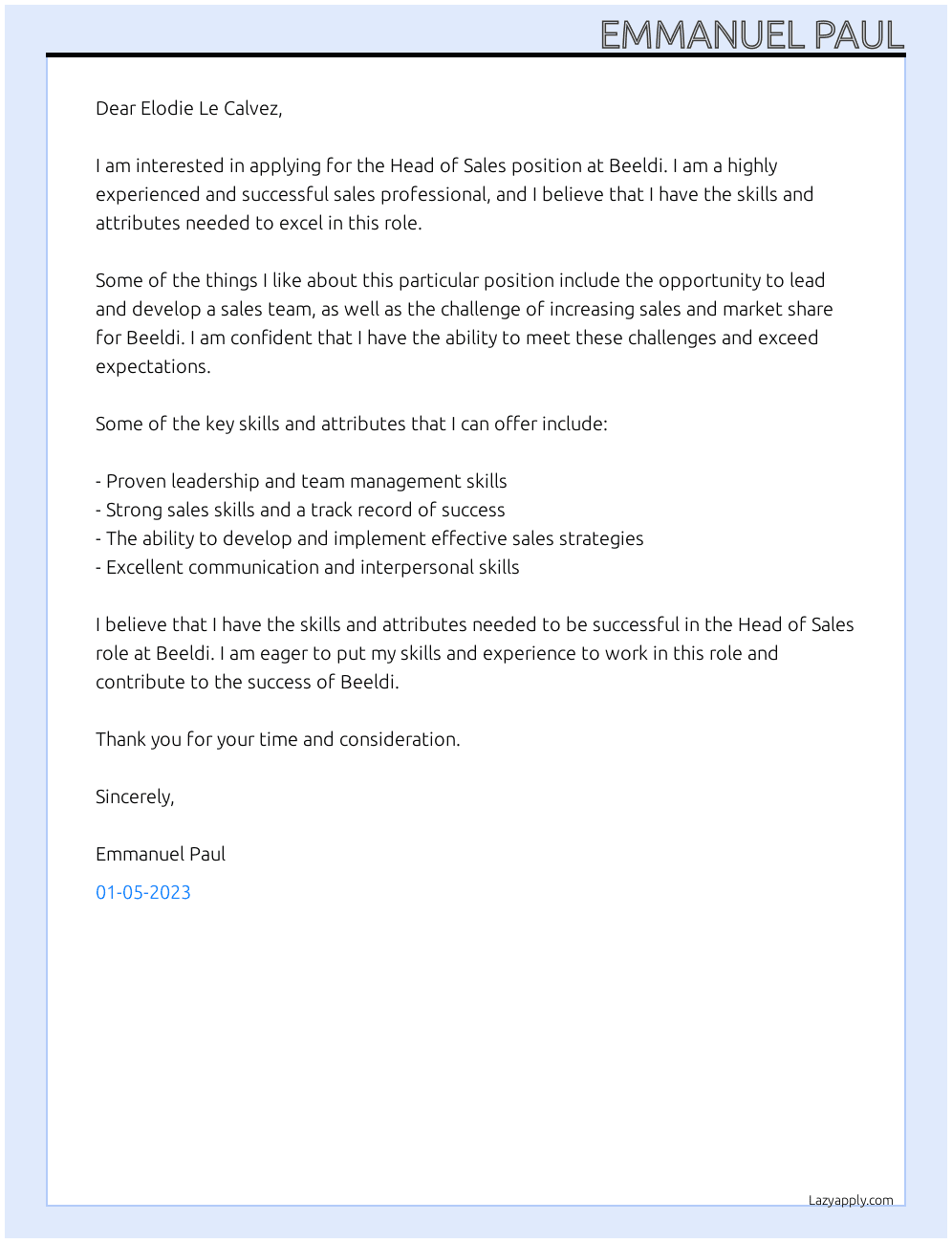 Head of Sales At Beeldi Cover Letter