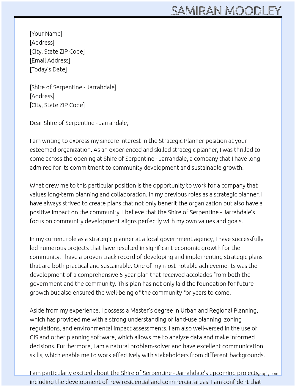 Strategic Planner At Shire of Serpentine - Jarrahdale Cover Letter