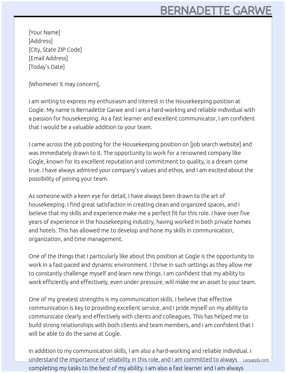 Housekeeping At gogle Cover Letter