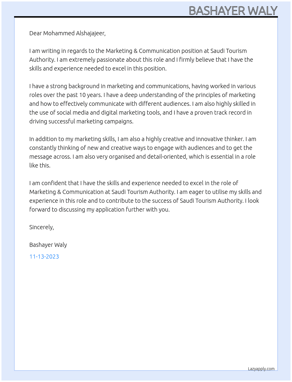 Marketing & Communication At Saudi Tourism Authority Cover Letter
