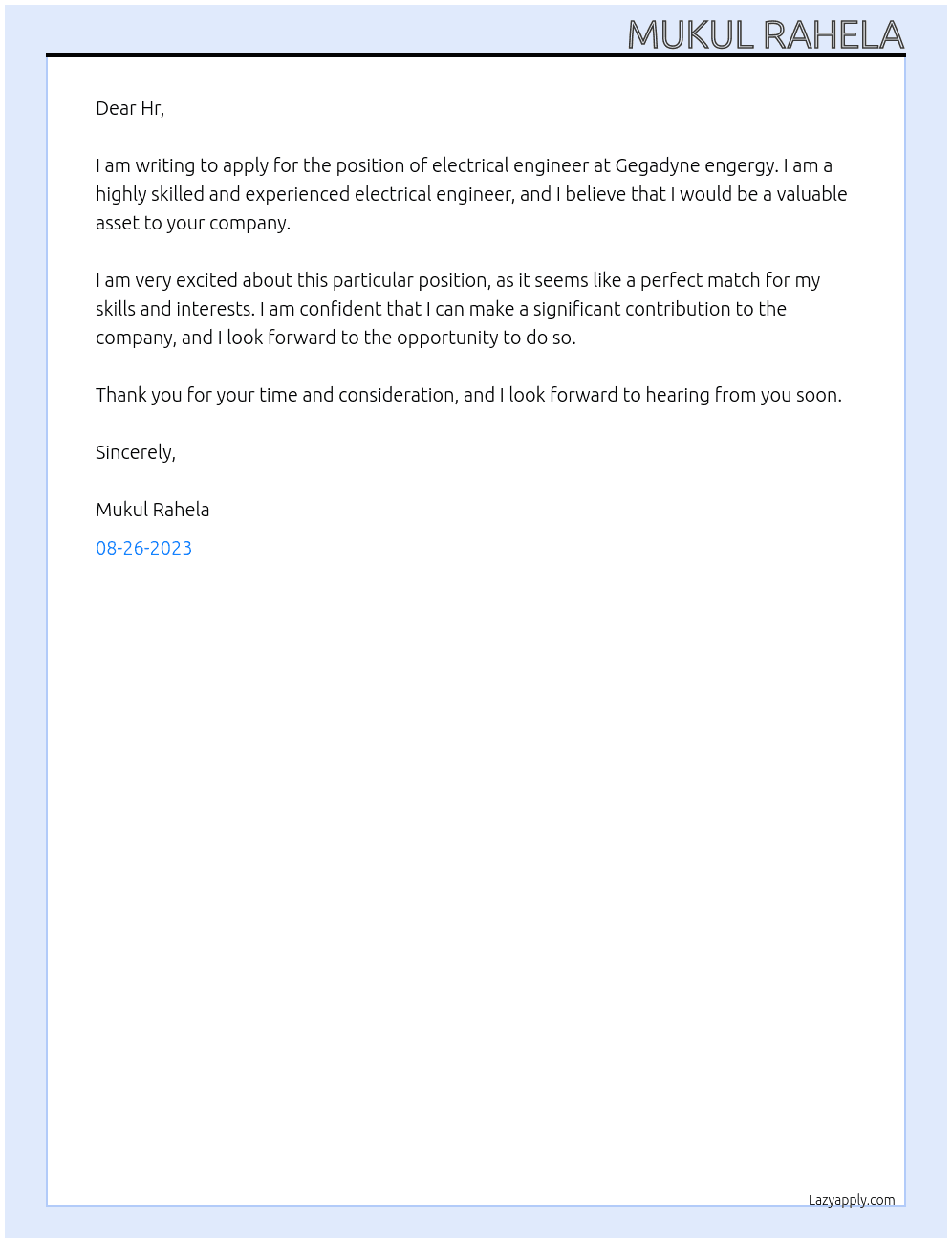 Electrical engineer At Gegadyne engergy Cover Letter