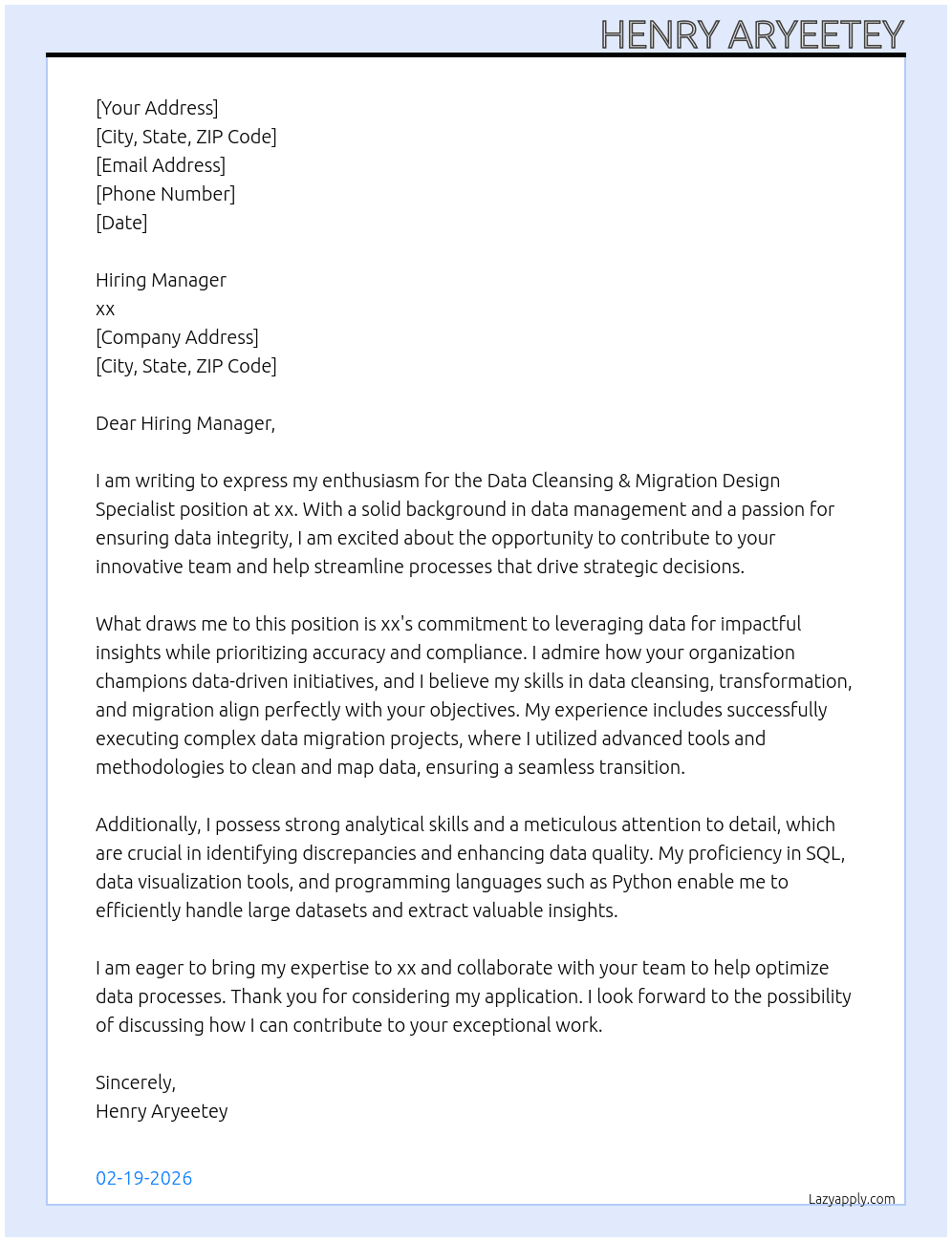 Data Cleansing & Migration Design Specialist  At xx Cover Letter