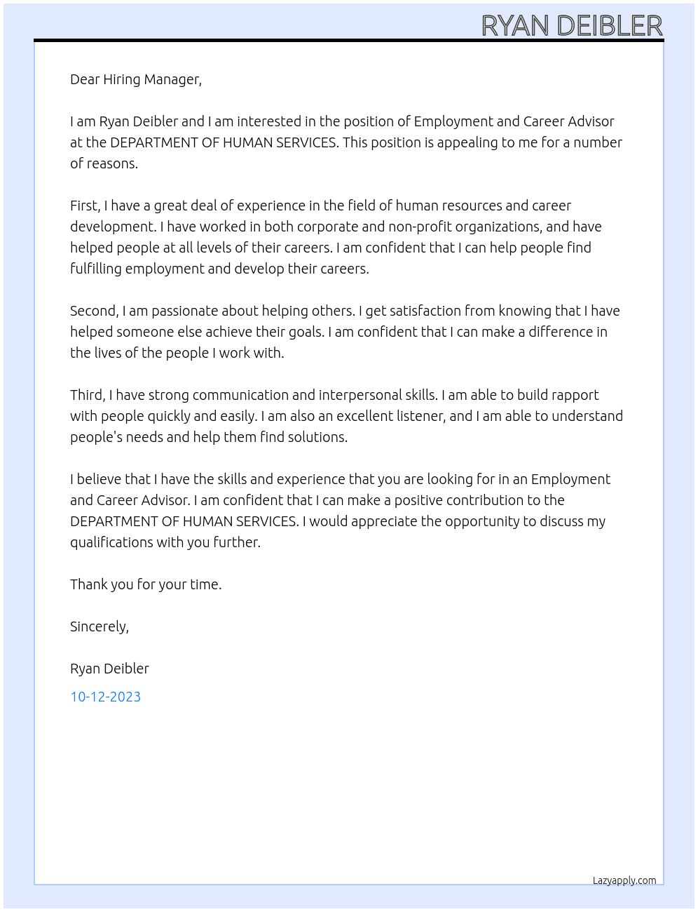 Employment and Career Advisor At  DEPARTMENT OF HUMAN SERVICES  Cover Letter