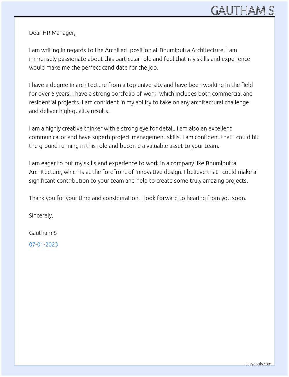 Architect At Bhumiputra Architecture Cover Letter