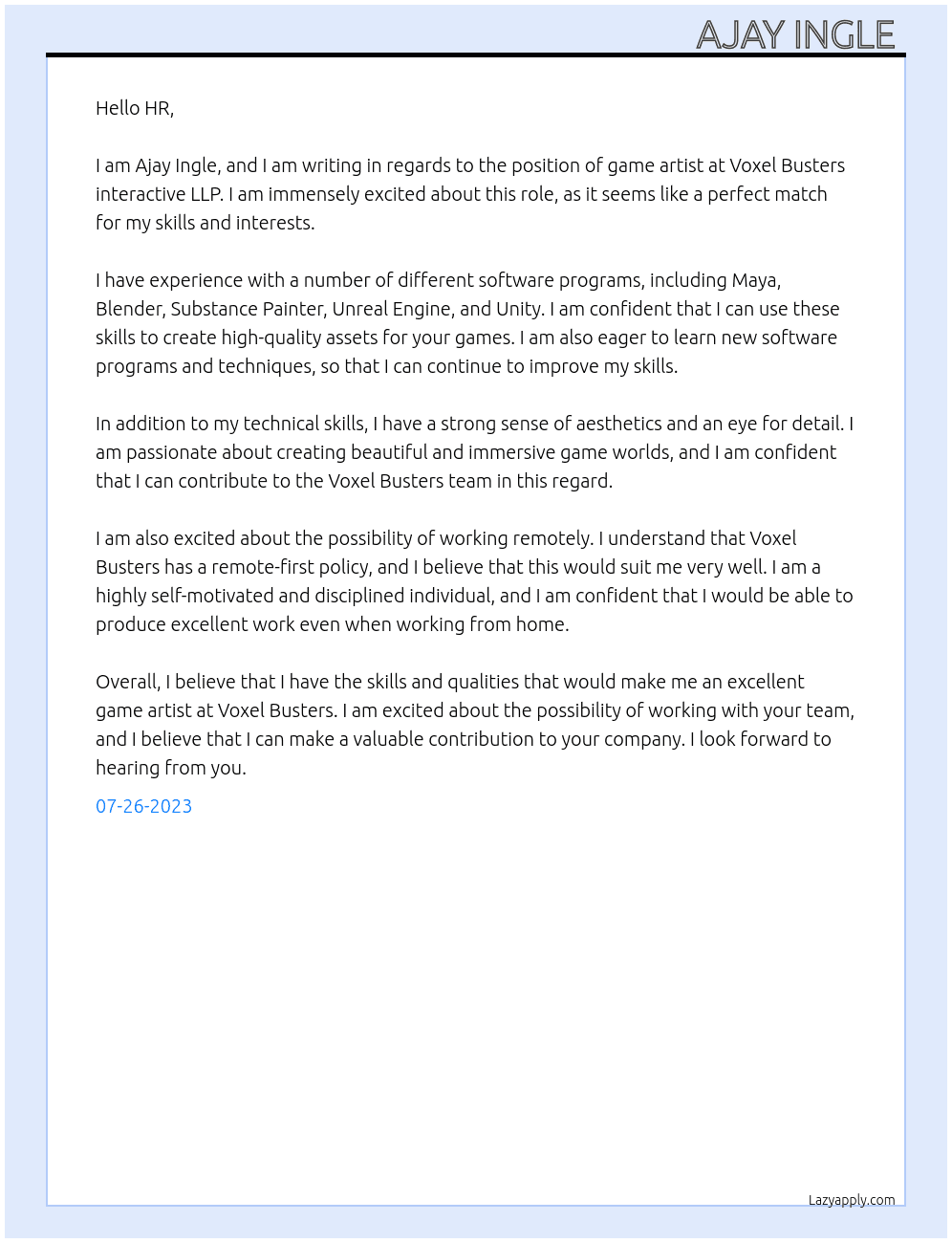 Game artist  At Voxel Busters interactive LLP Cover Letter