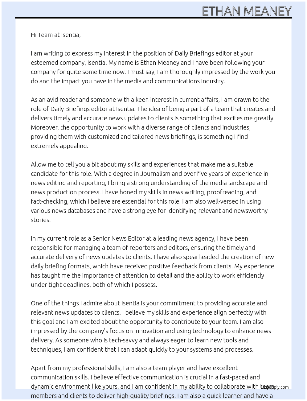 Daily Briefings editor At Isentia Cover Letter