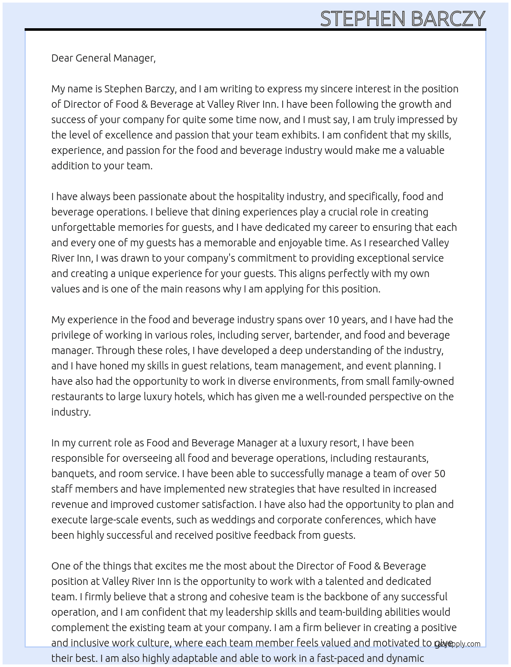 director of food & beverage At valley river inn Cover Letter