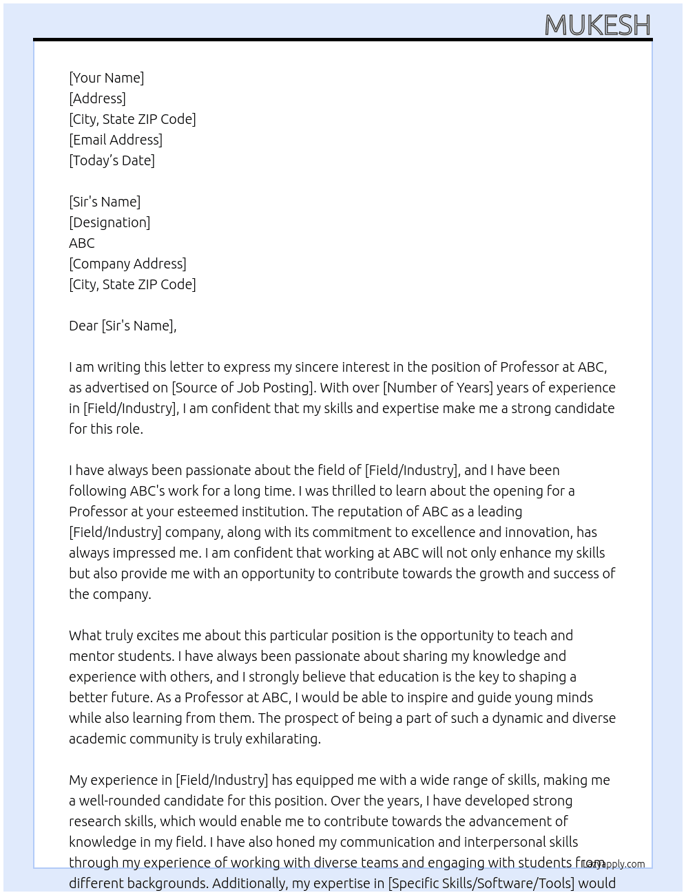 PROFESSOR At ABC Cover Letter