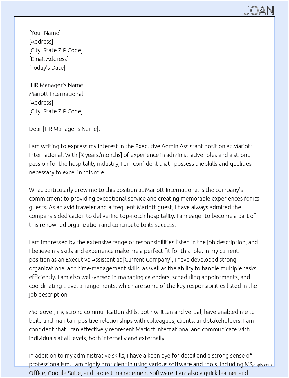 Executive admin assistant At Mariott International Cover Letter