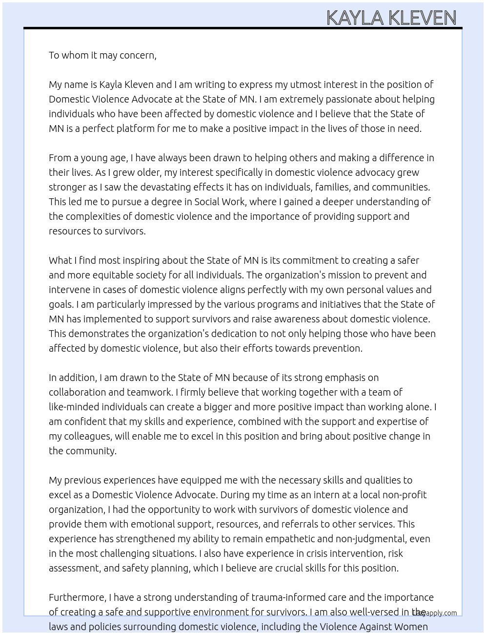 Domestic violence advocate At State of MN Cover Letter