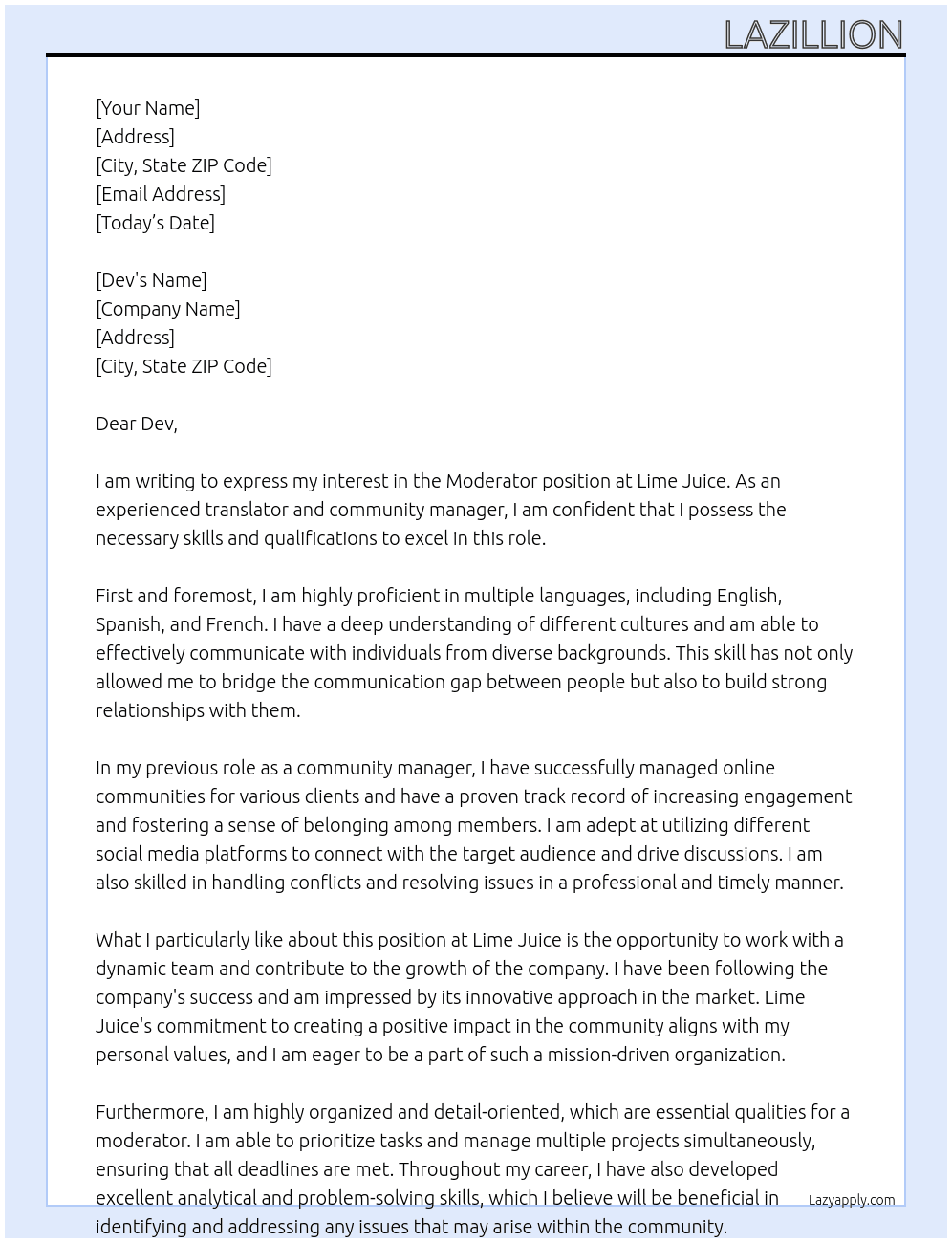 Moderator  At Lime juice  Cover Letter