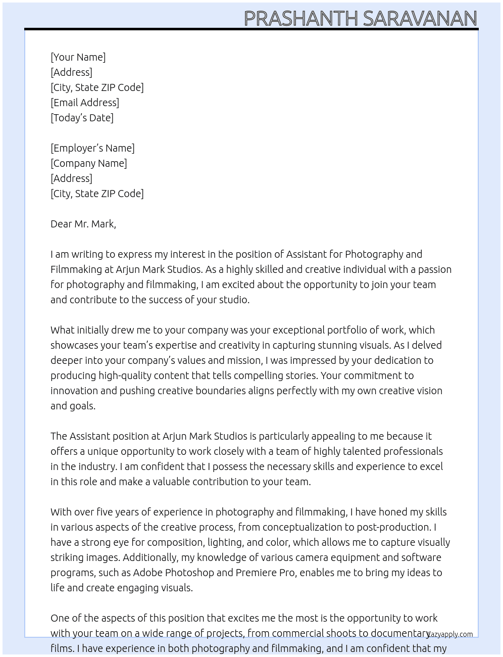Assistant, Photography & Filmmaking At Arjun Mark Studios Cover Letter