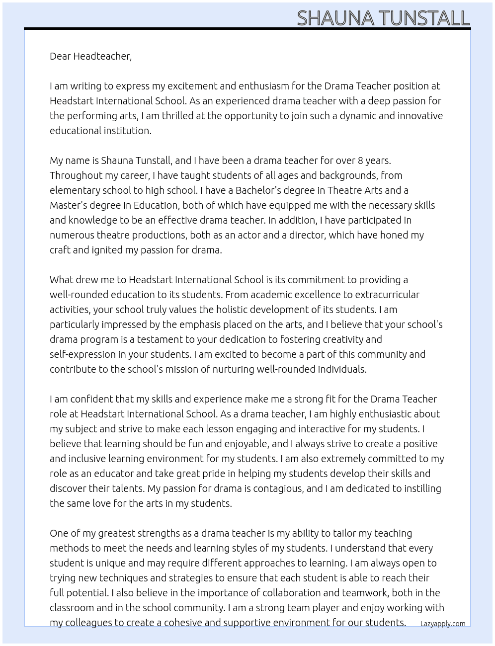 Drama teacher  At Headstart International Sxhool Cover Letter