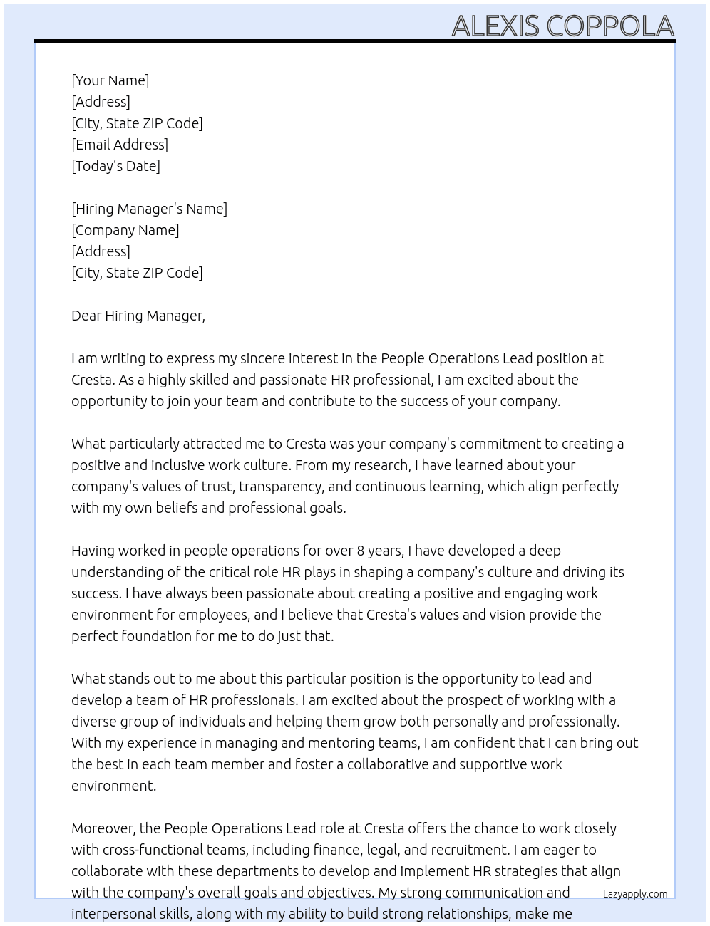 People Operations Lead At Cresta Cover Letter