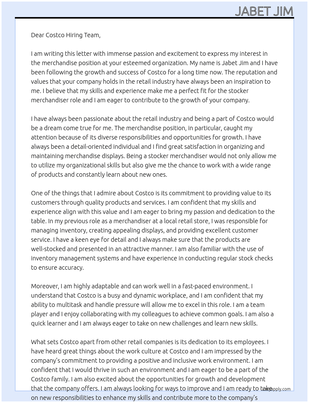 merchandise  At stocker merchandiser  Cover Letter