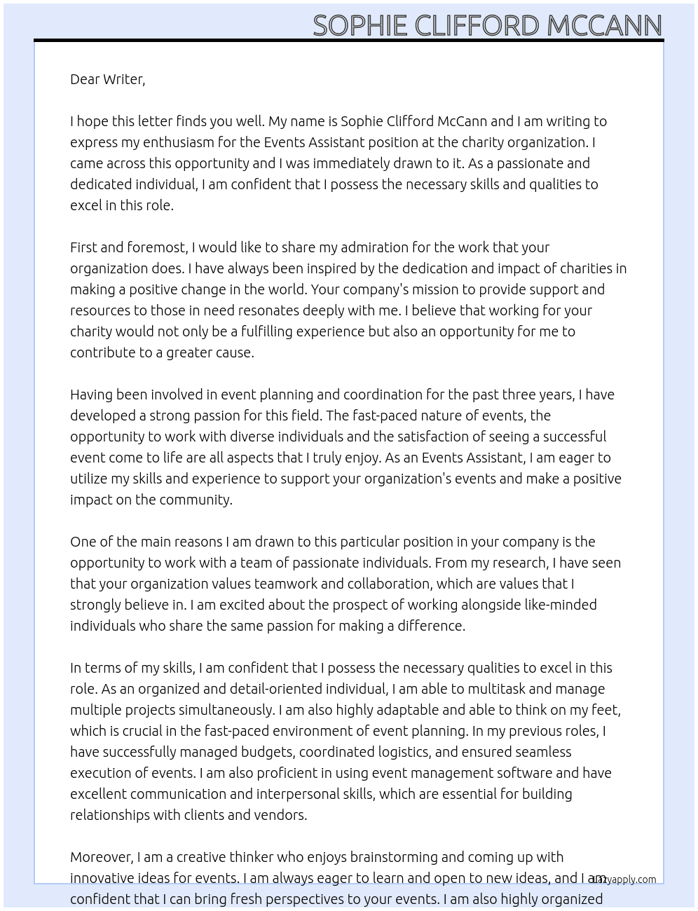 events assistant At charity Cover Letter