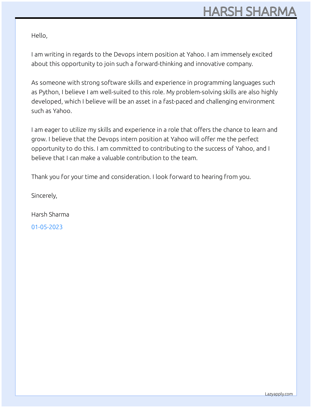 Devops intern At Yahoo Cover Letter