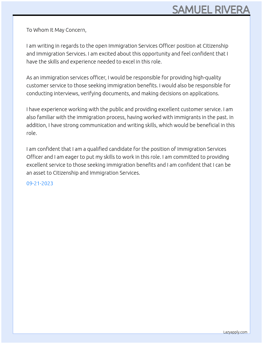  Immigration Services Officer At Citizenship and Immigration Services Cover Letter
