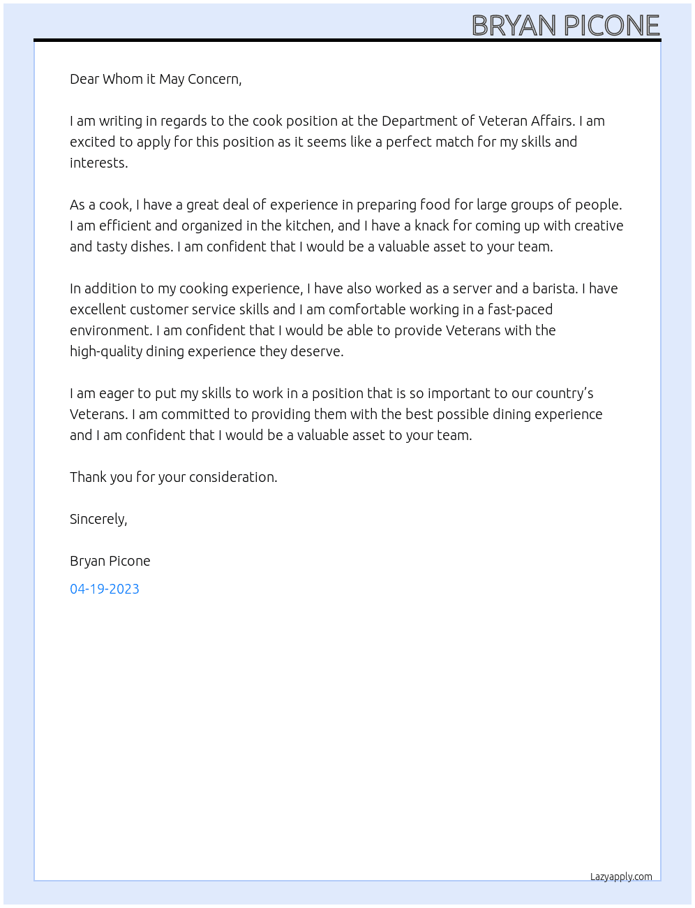 Cook At Department of Veteran Affairs Cover Letter