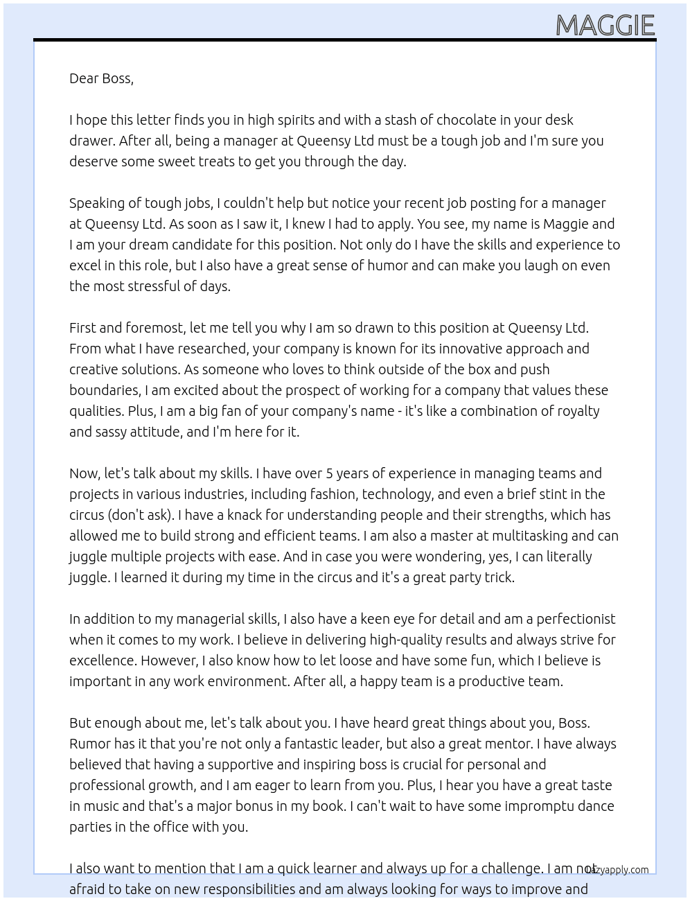 Manager At Queensy Ltd Cover Letter