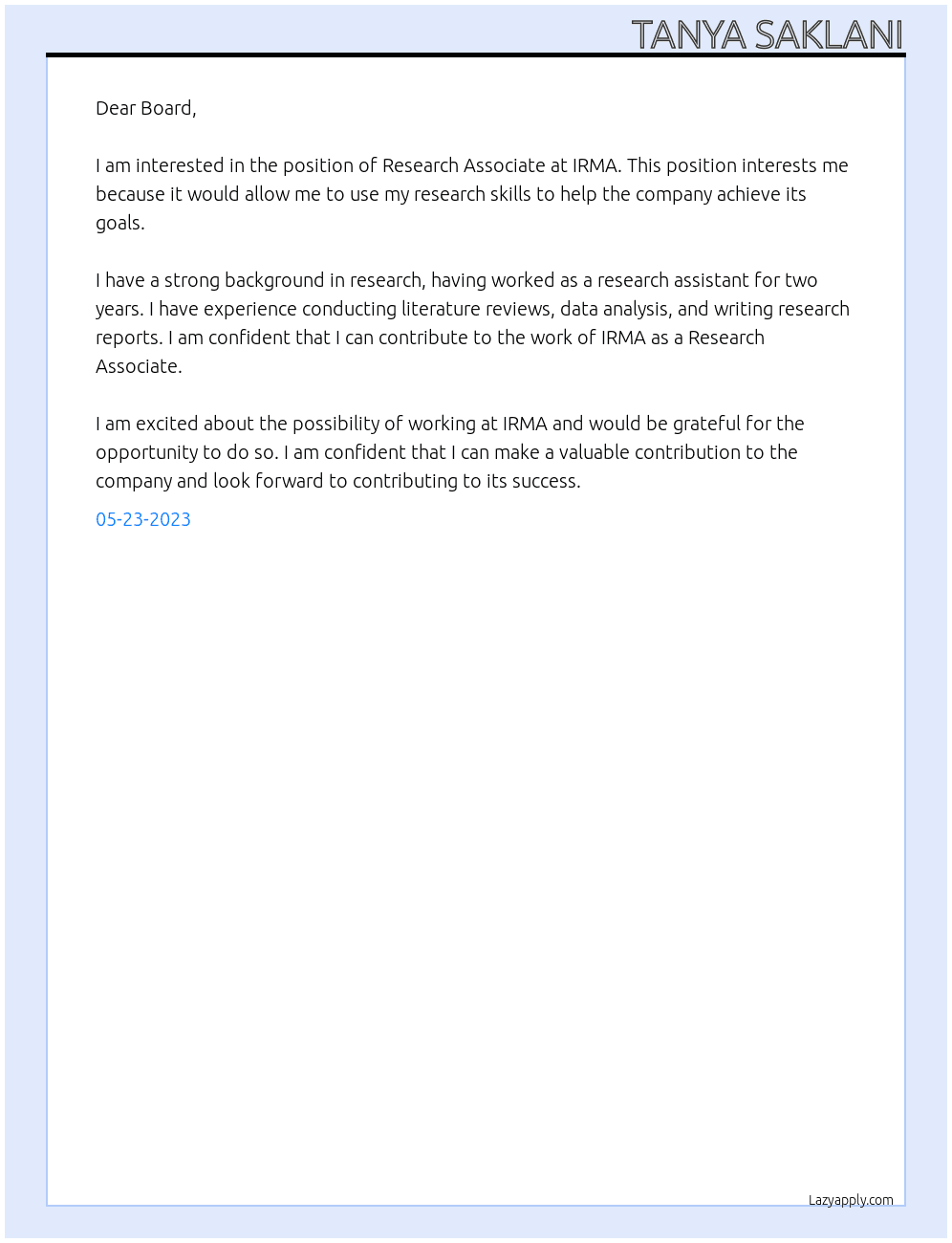 Research Associate At IRMA Cover Letter
