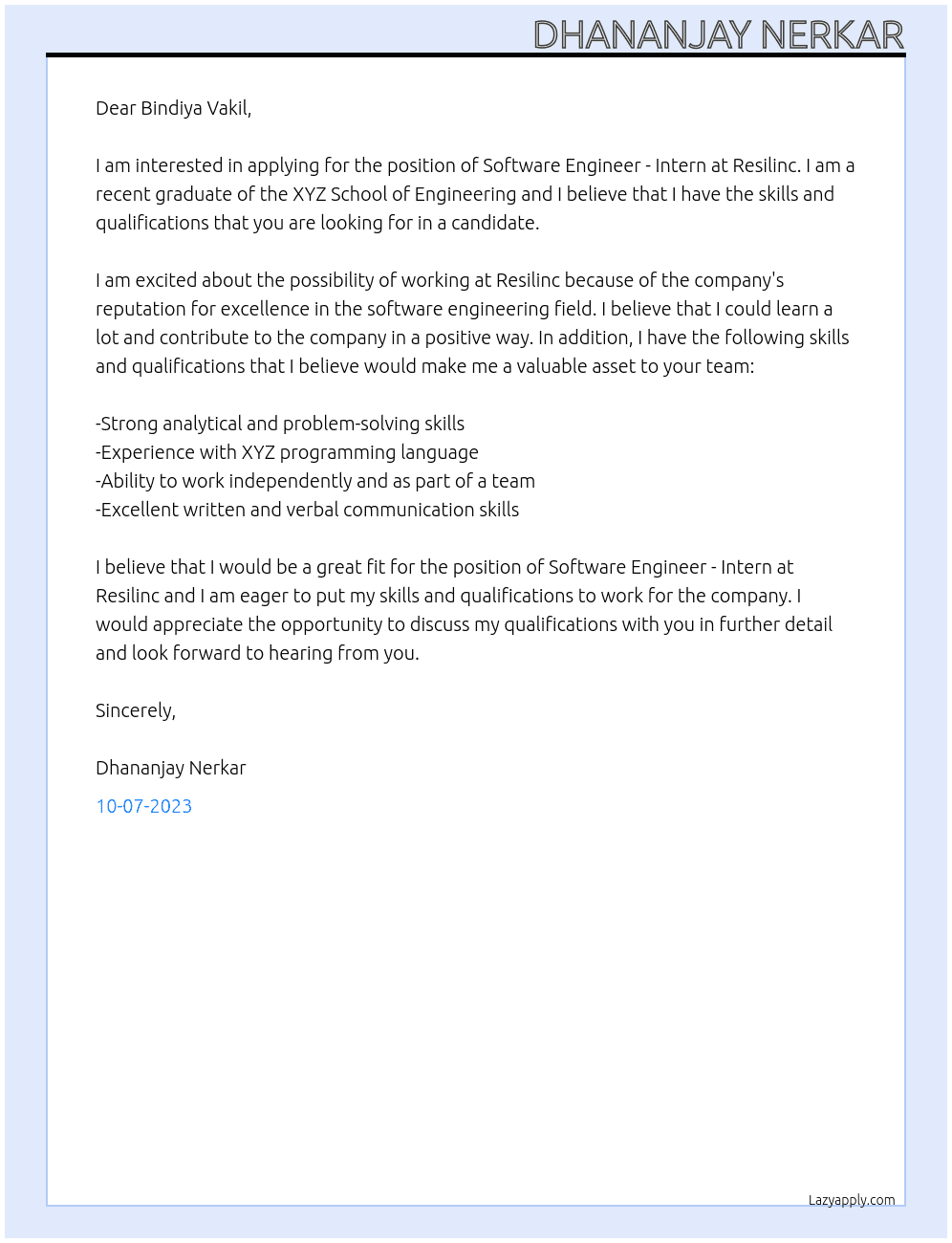 Software Engineer - Intern At Resilinc Cover Letter