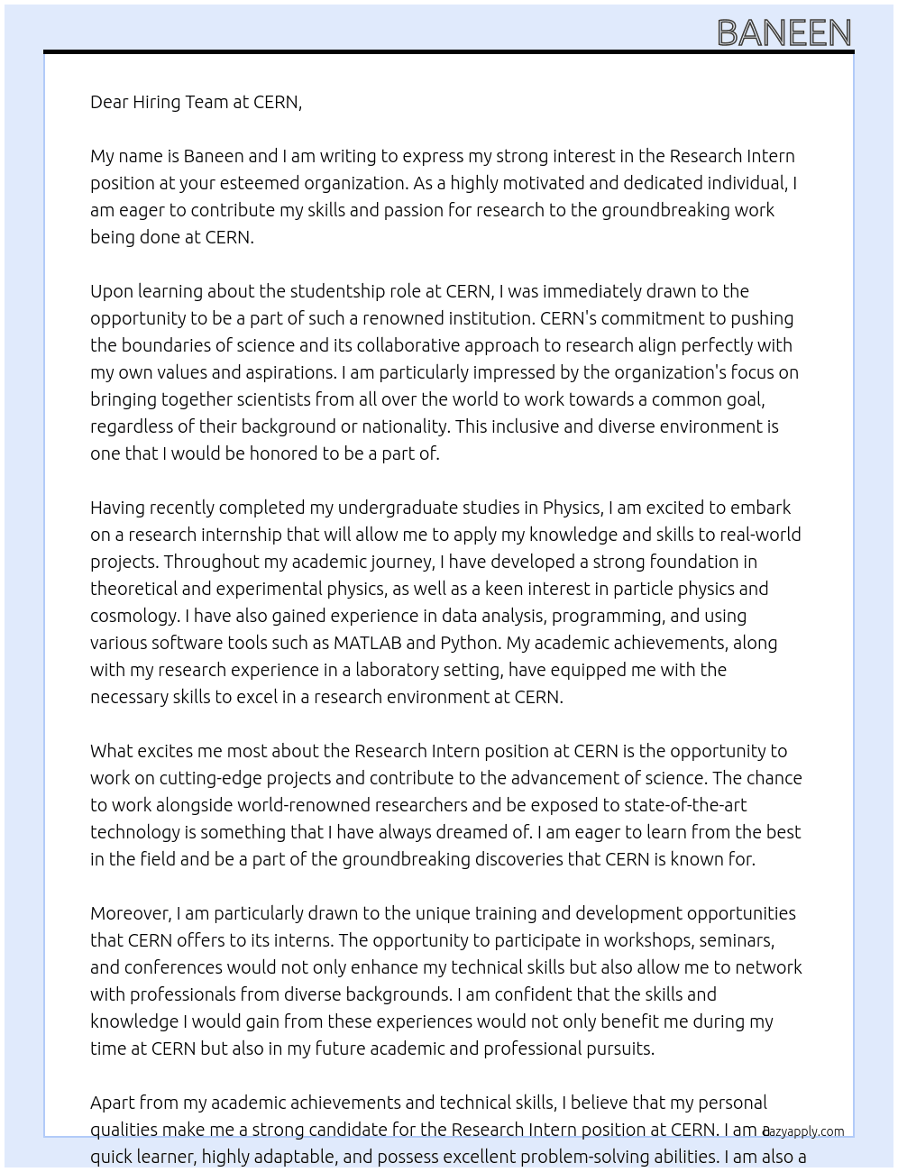 Research intern At CERN Cover Letter