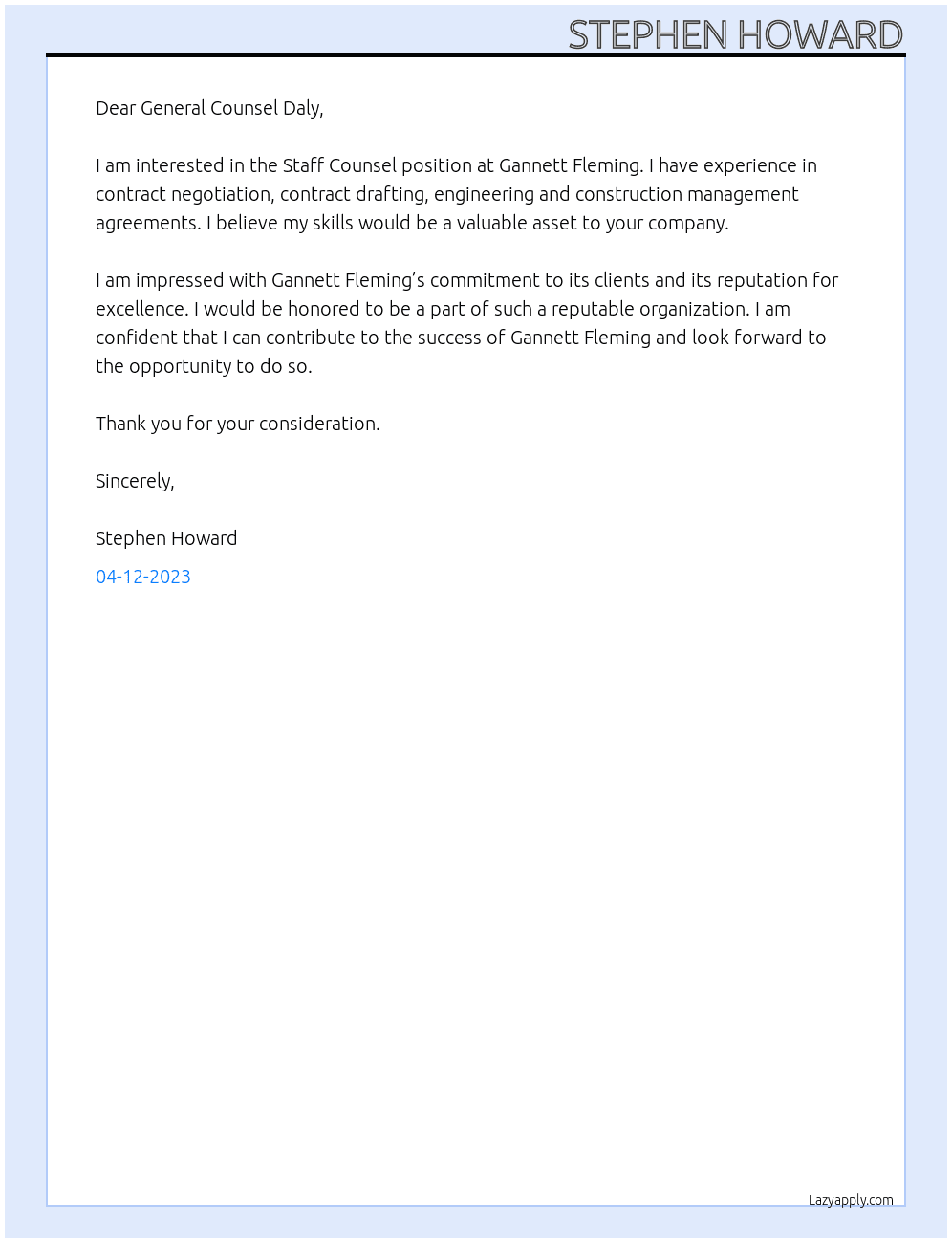 Staff Counsel At Gannett Fleming Cover Letter