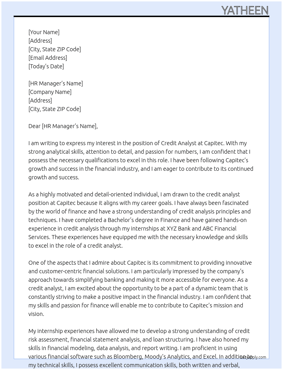 Credit Analyst At Capitec Cover Letter
