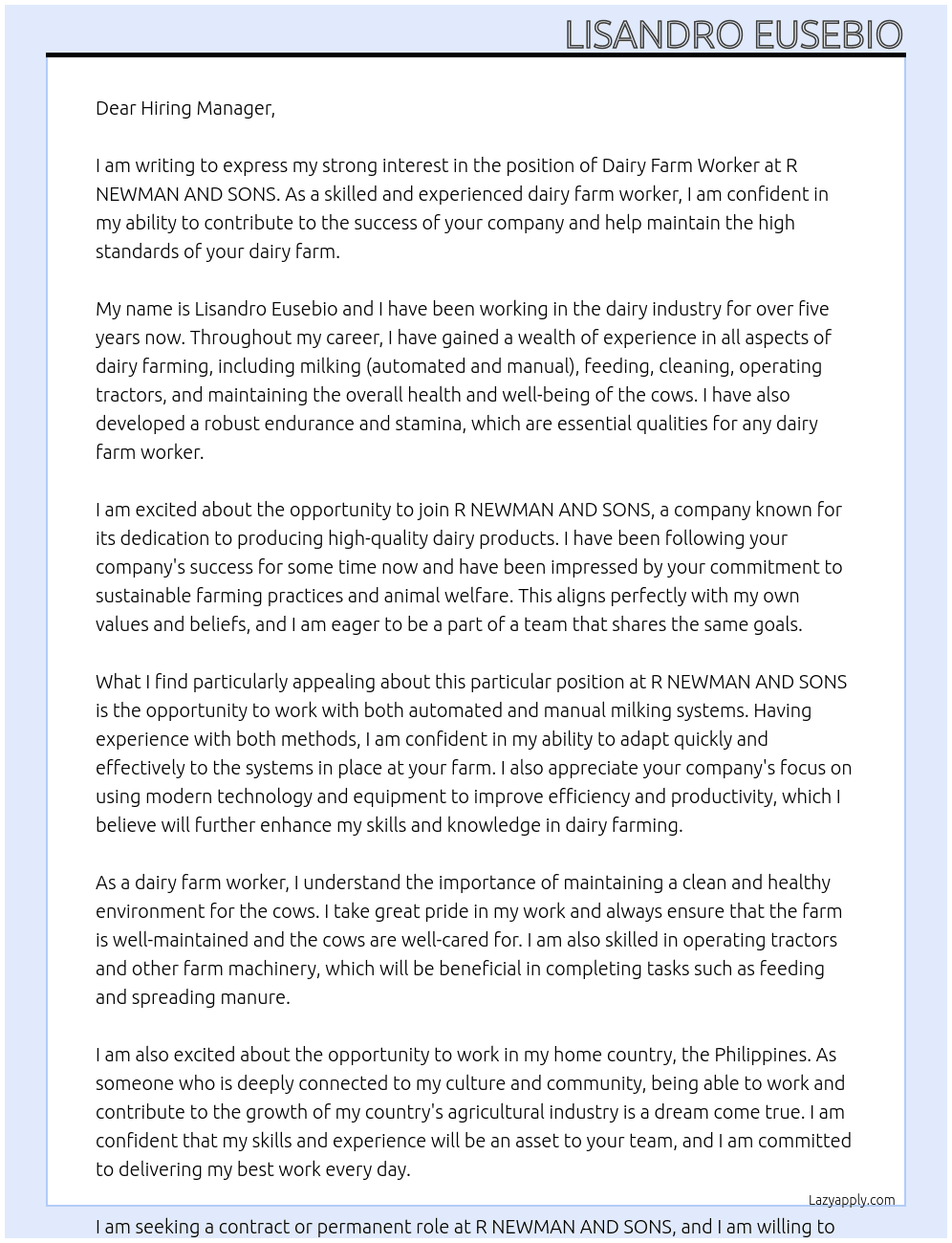 Dairy Farm Worker At R NEWMAN AND SONS Cover Letter