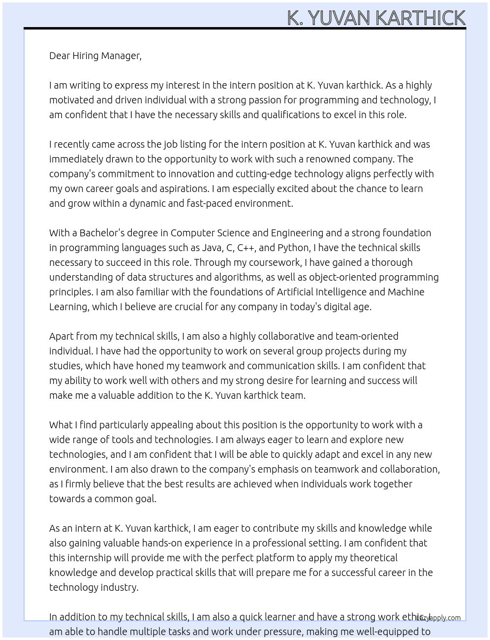intern At K. Yuvan karthick Cover Letter