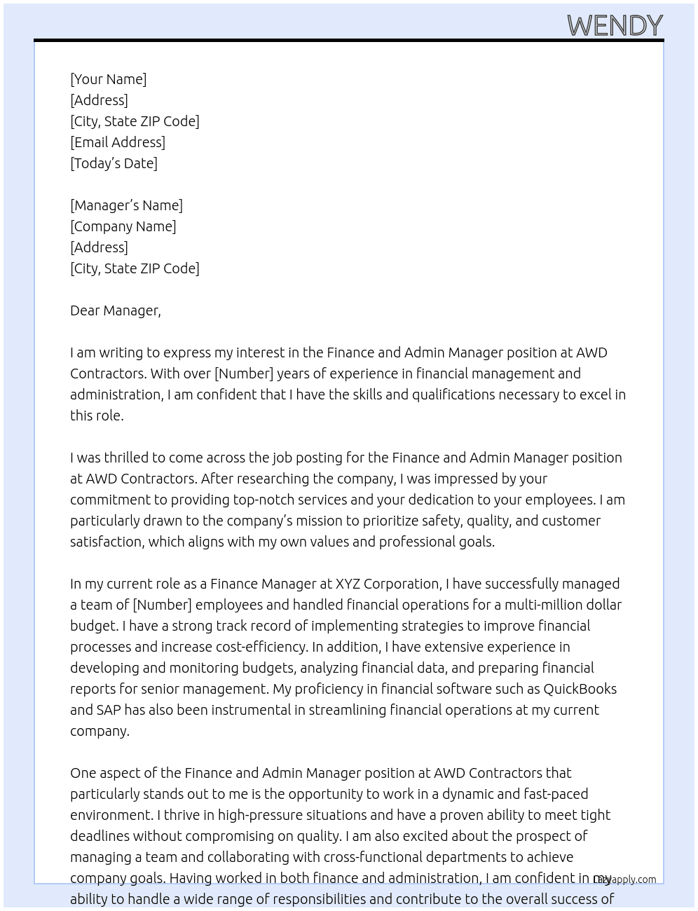 Finance and Admin Manager At AWD Contractors  Cover Letter