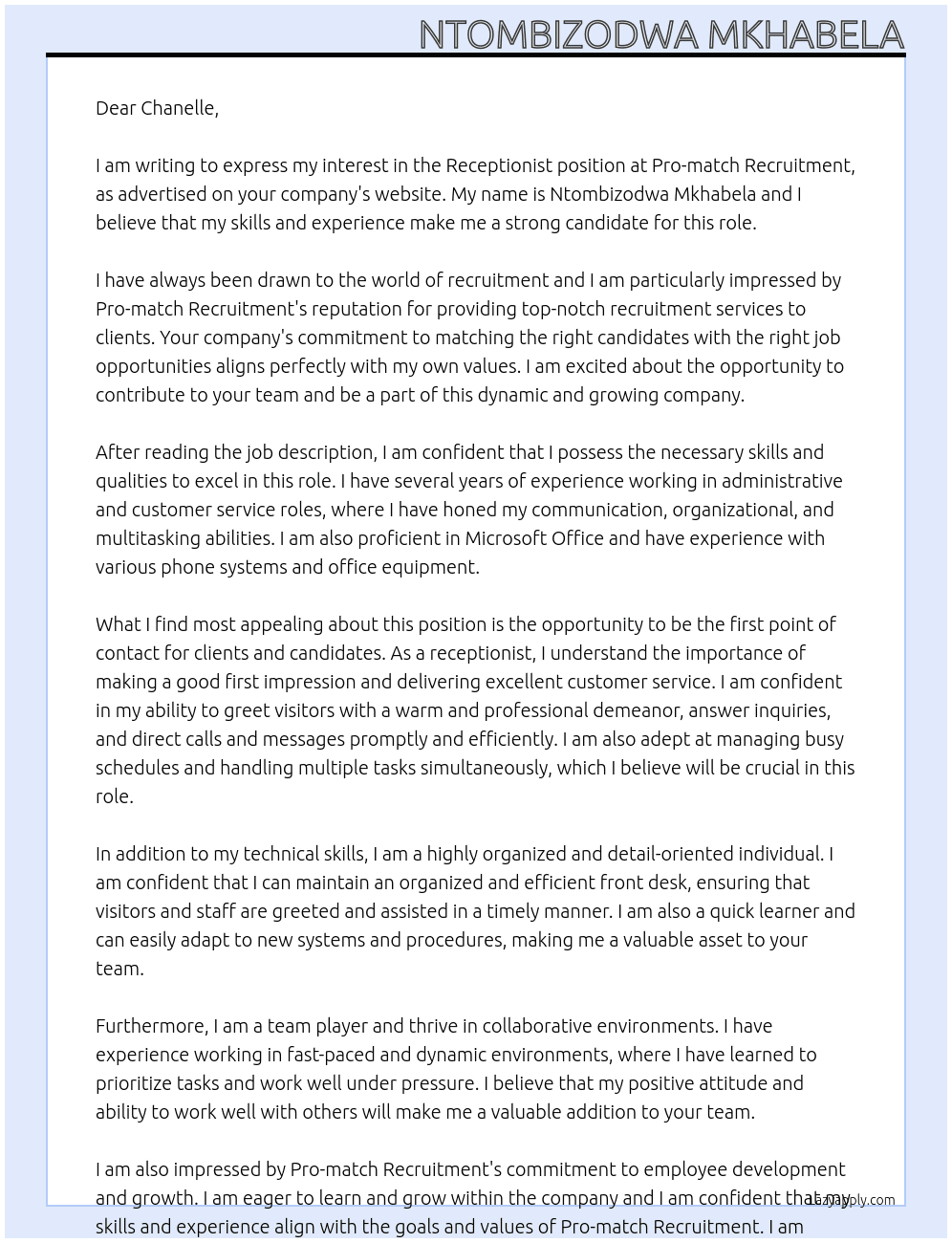 Receptionist  At Pro - match Recruitment  Cover Letter