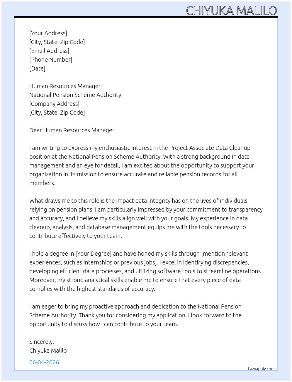 Cover letter for project associate data cleanup - LazyApply