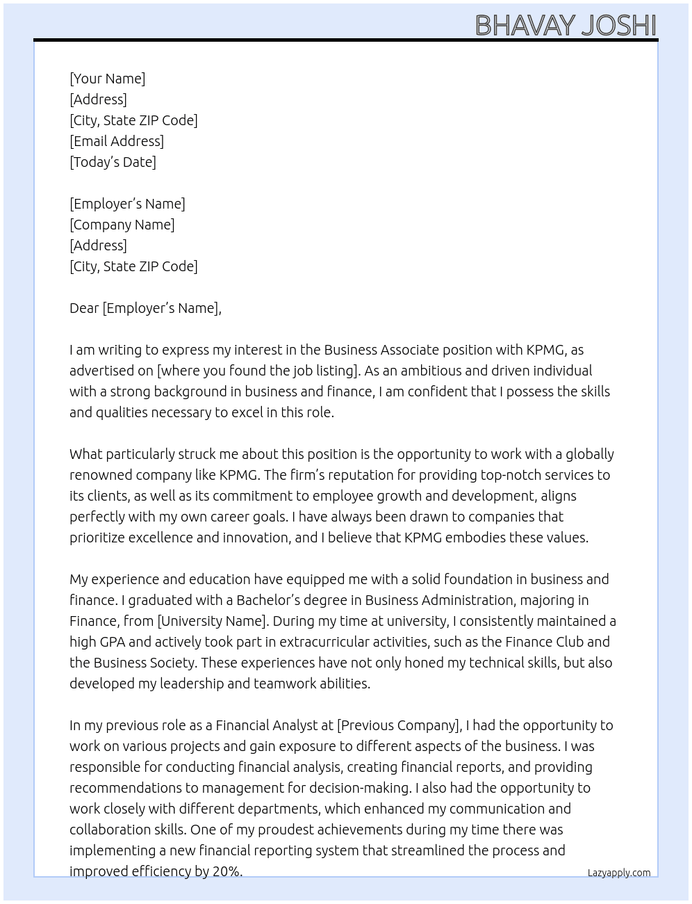 Business associate At KPMG Cover Letter