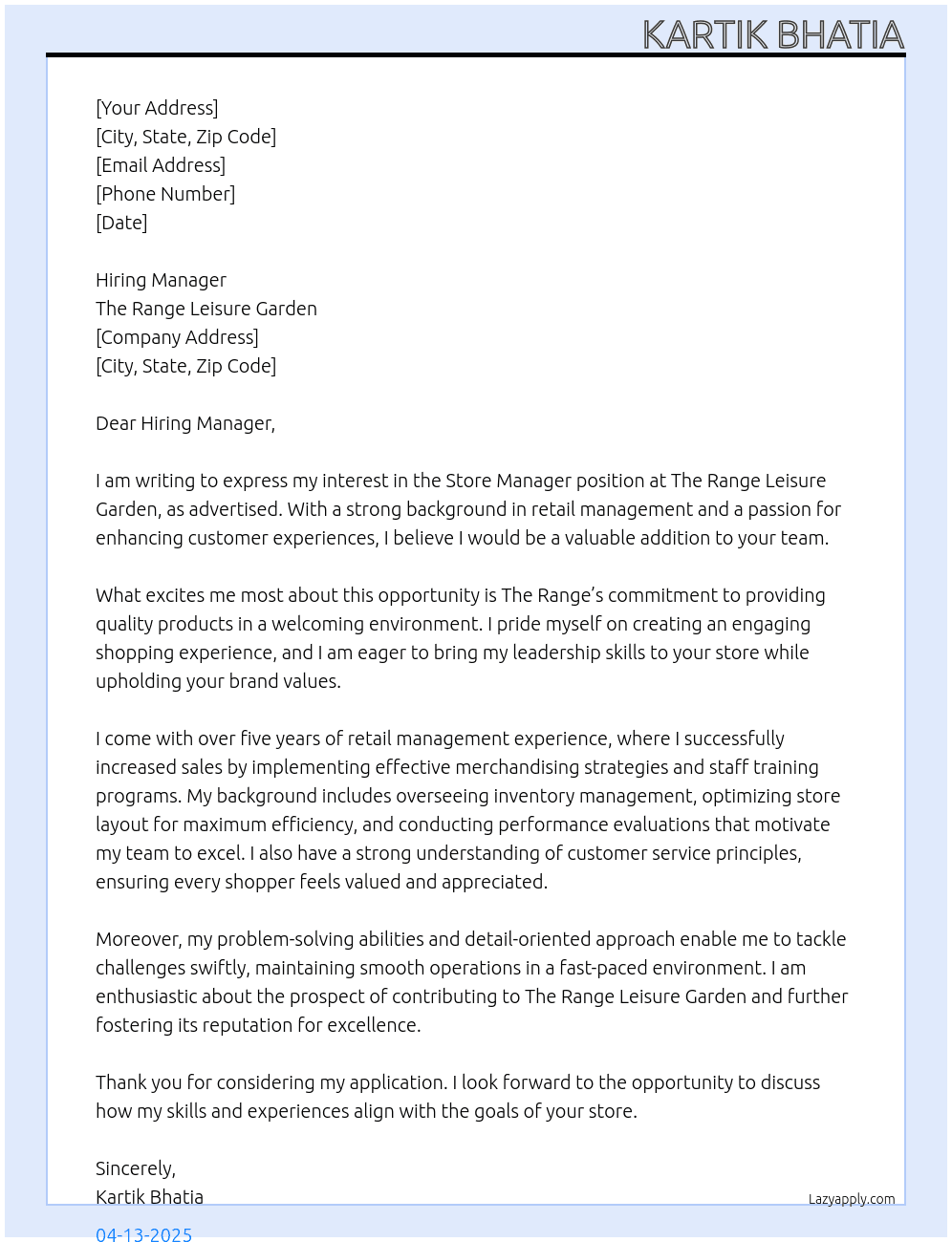 STORE MANAGER At The Range Leisure Garden Cover Letter