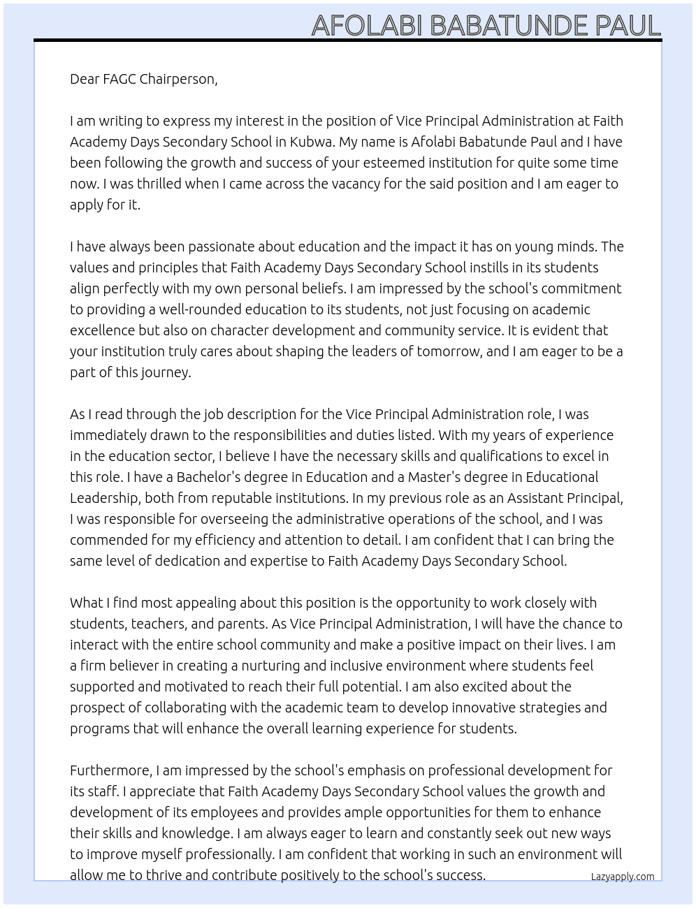 vice principal administration At faith academy days secondary school, kubwa Cover Letter