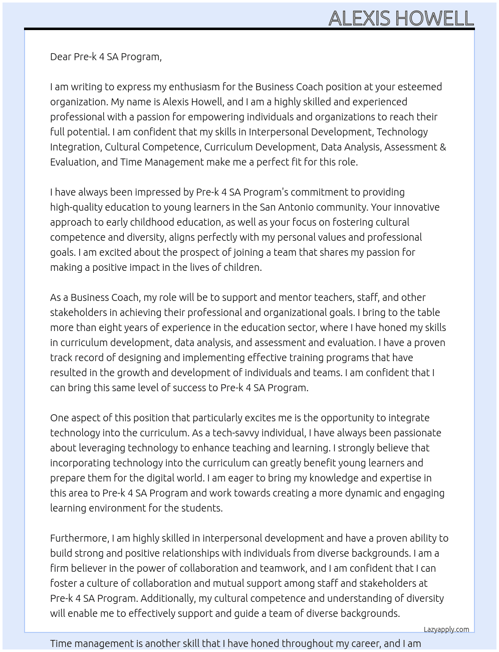 Business Coach  At Pre-k 4 SA Program  Cover Letter