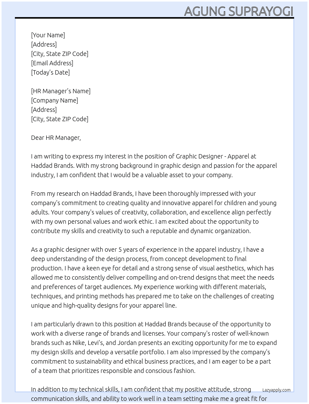 Graphic Designer- Apparel At Haddad Brands Cover Letter