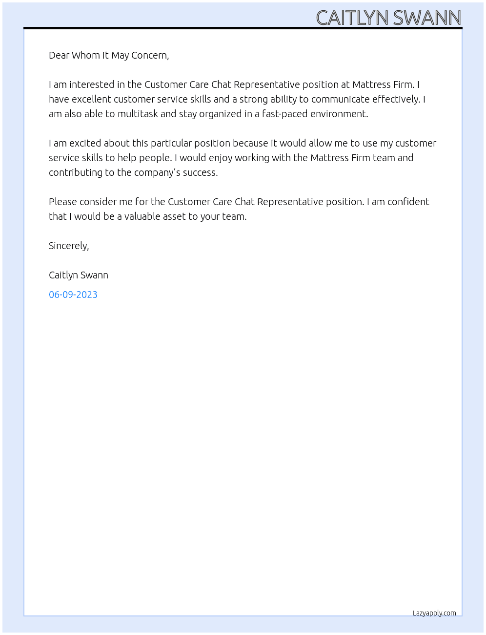 Customer Care Chat Representative At Mattress Firm Cover Letter