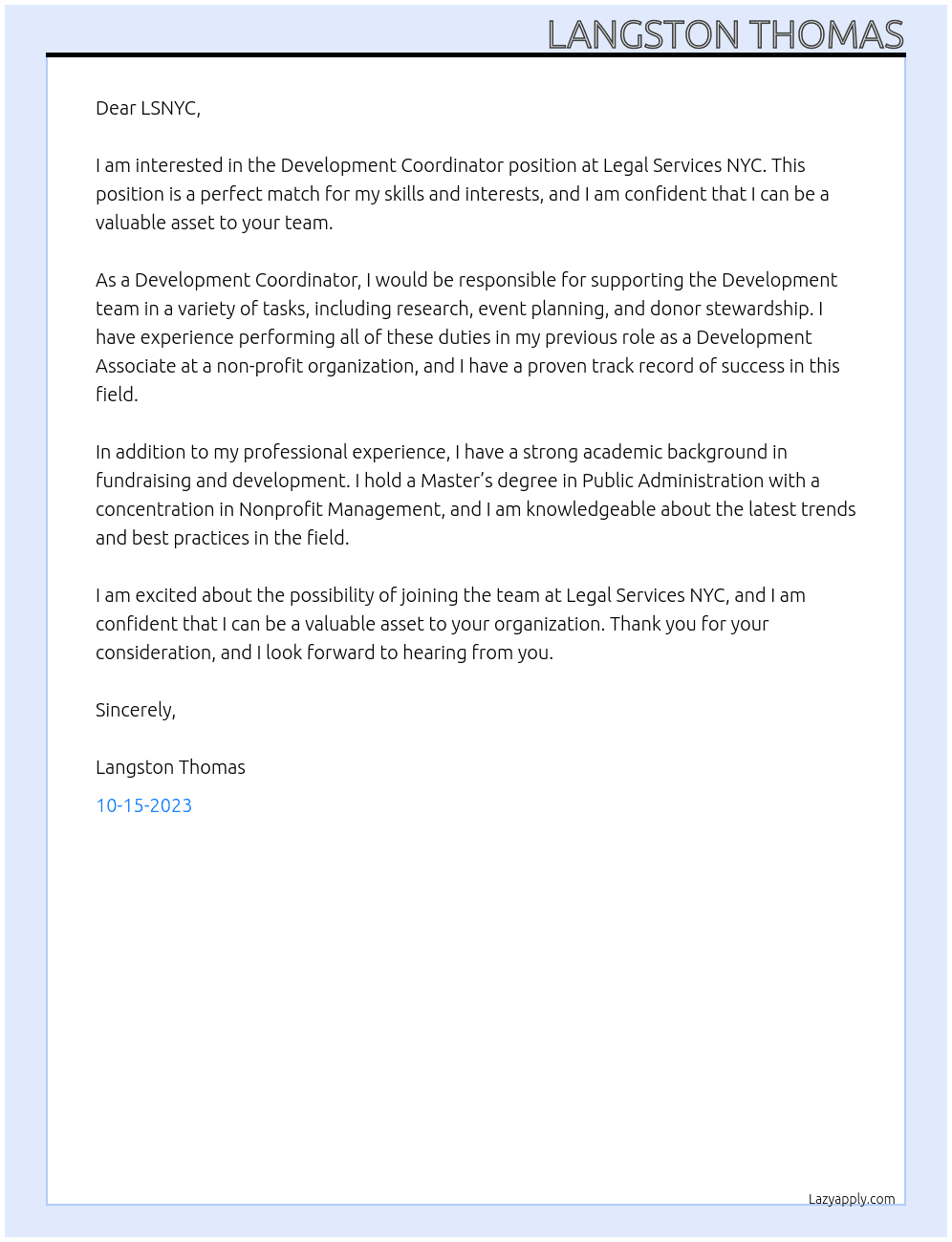 Development Coordinator  At Legal Services NYC Cover Letter